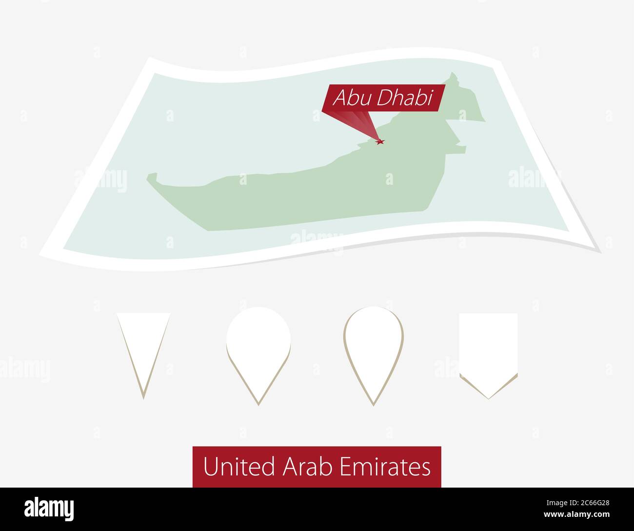 Carte papier courbe des Émirats arabes Unis avec la capitale Abu Dhabi sur fond gris. Quatre différents jeux de broches de carte. Illustration vectorielle. Illustration de Vecteur