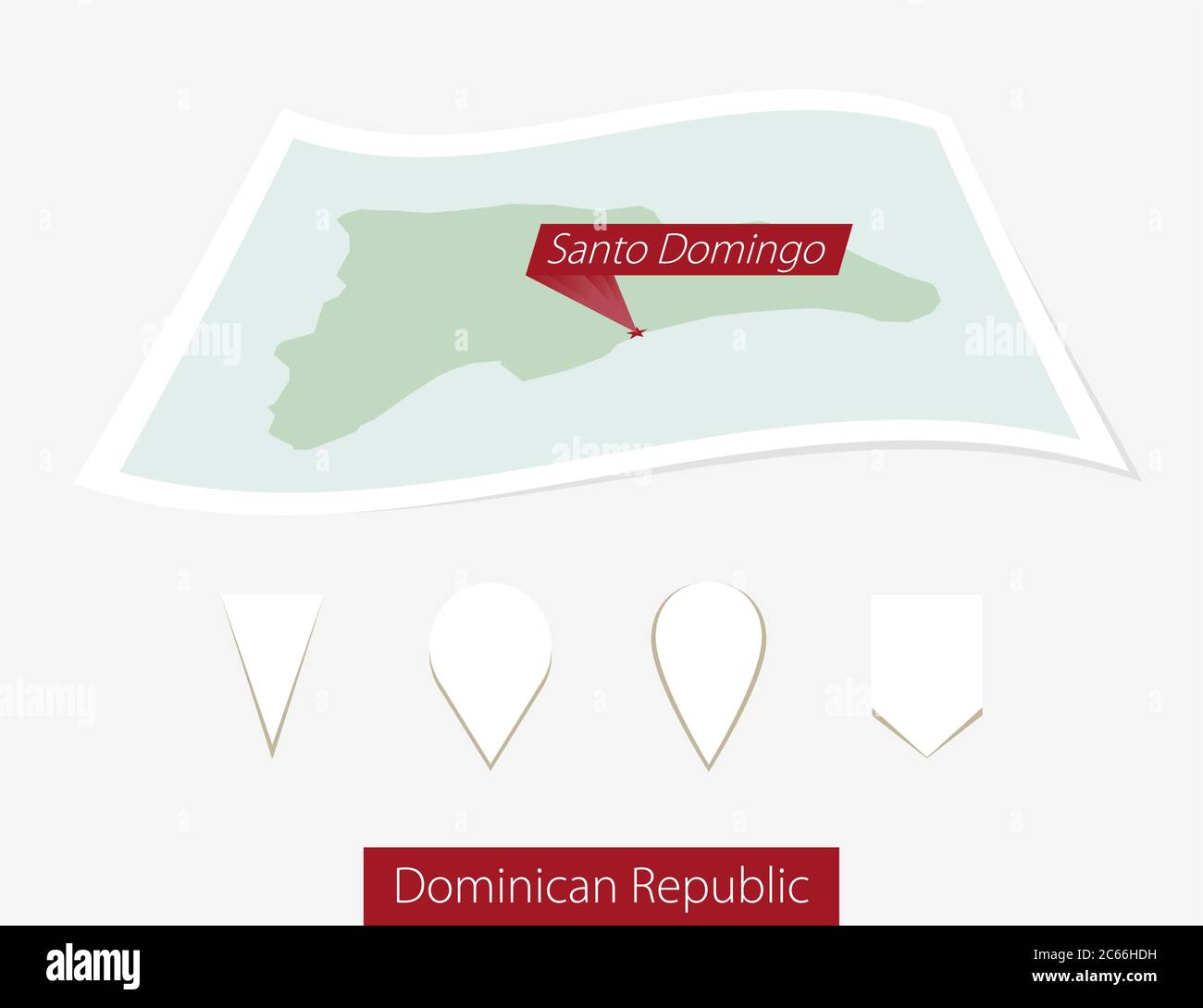 Carte papier courbe de la République dominicaine avec la capitale Saint-Domingue sur fond gris. Quatre différents jeux de broches de carte. Illustration vectorielle. Illustration de Vecteur