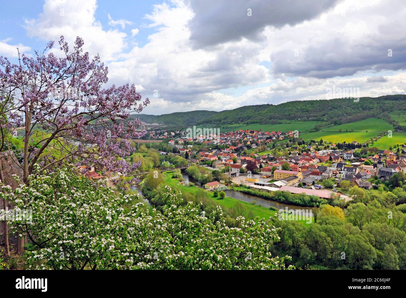 Vue sur la roche calcaire de Saale et la ville de Dornburg depuis les terrasses des châteaux de Dornburg, vue sur la vallée de la Saale et les hauteurs boisées de la forêt de Thuringe Banque D'Images