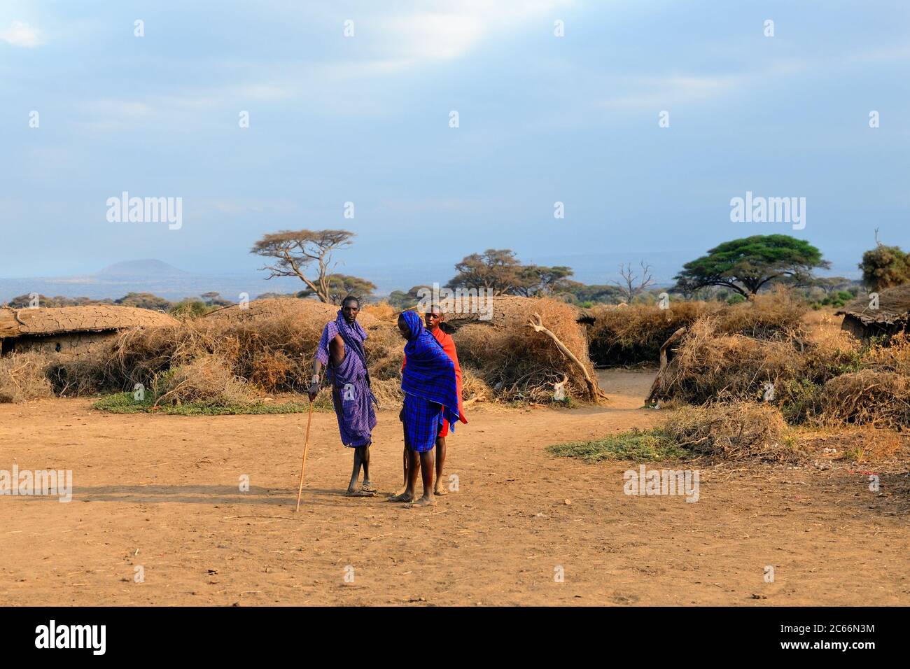 AMBOSELI, KENYA - 23 AOÛT 2010 : des Massai non identifiés avec des bâtons de bois qui parlent de quelque chose au Kenya. Les Massai sont un gro ethnique nilotique Banque D'Images