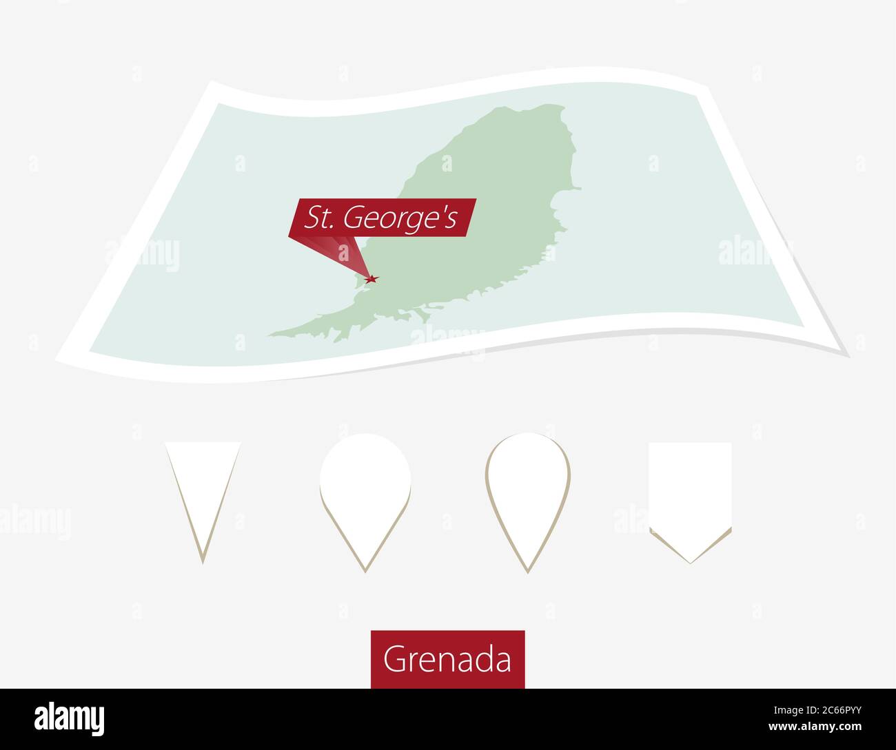 Carte papier courbe de Grenade avec la capitale Saint-Georges sur fond gris. Quatre différents jeux de broches de carte. Illustration vectorielle. Illustration de Vecteur