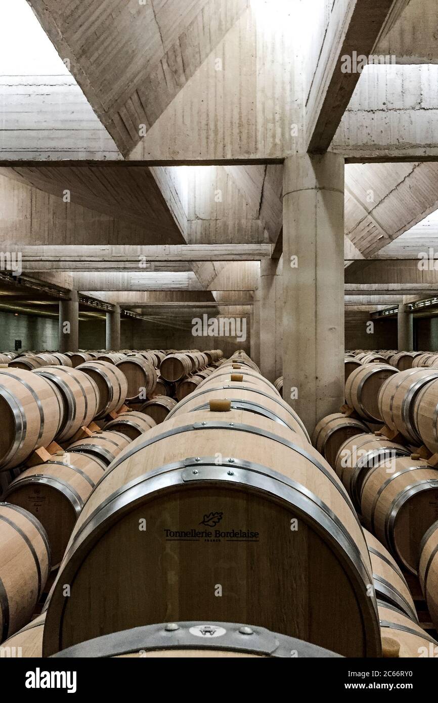 Fûts dans les installations modernes des caves à vin de Pago de Carraovejas de Ribera del Duero dénomination d'origine à Valladolid Espagne Europe Banque D'Images