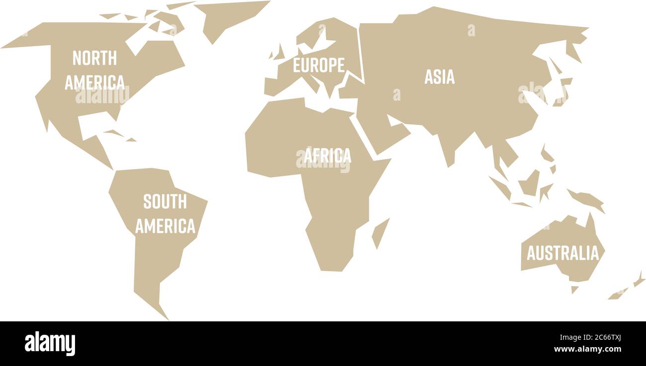 Silhouette beige simplifiée de la carte du monde divisée en six continents. Illustration vectorielle plate simple sur fond blanc. Illustration de Vecteur