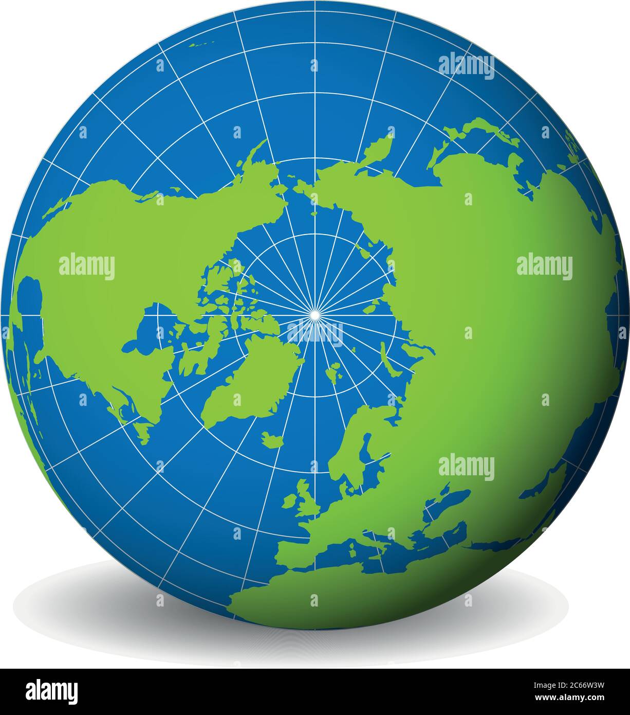 Globe terrestre avec carte verte du monde et mers bleues et océans axés sur l'océan Arctique et le pôle Nord. Avec des méridiens blancs fins et des parallèles. Illustration vectorielle 3D. Illustration de Vecteur