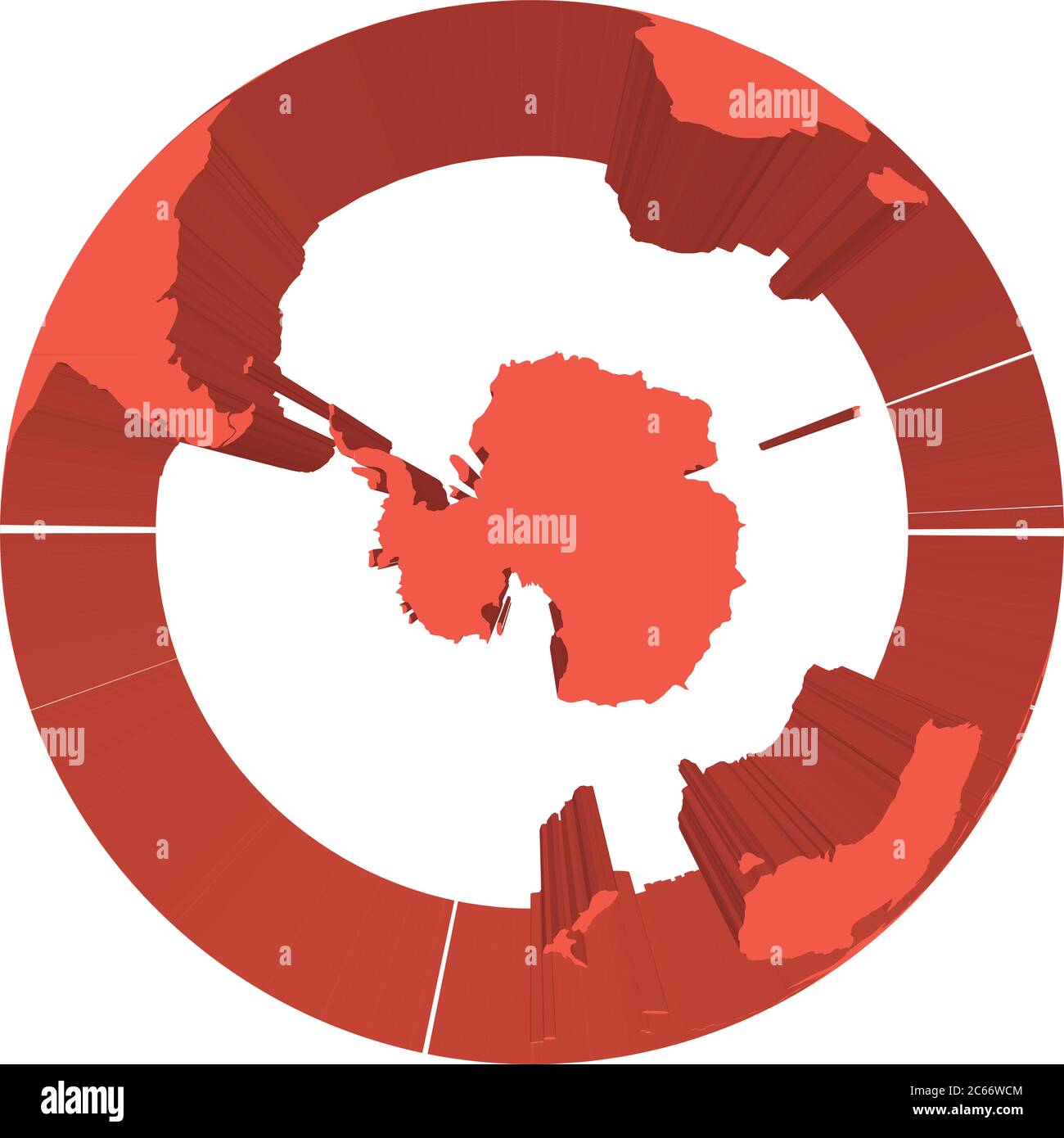 Modèle globe terrestre avec surfaces extrudées rouges. Axé sur l'Antarctique et le pôle Sud. Illustration vectorielle 3D. Illustration de Vecteur