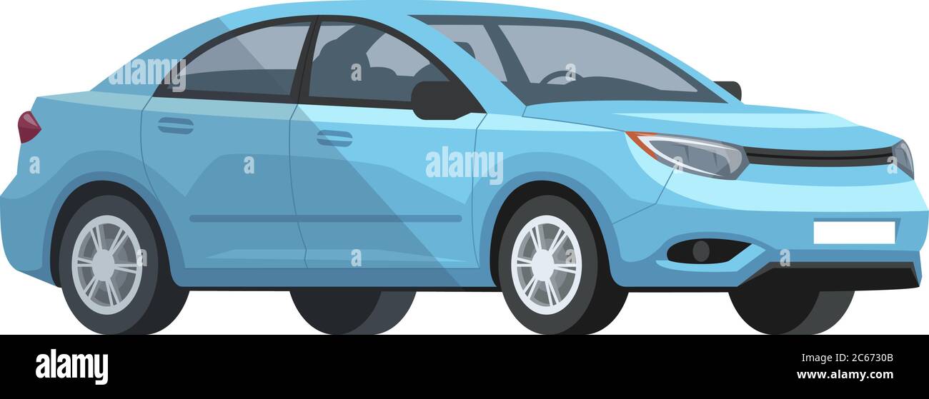 Illustration vectorielle de couleur RVB semi-plate de voiture bleue. Bleu ciel belle, voiture brillante. Moyens de transport urbains. Vue latérale avant du véhicule. CA. Isolé Illustration de Vecteur