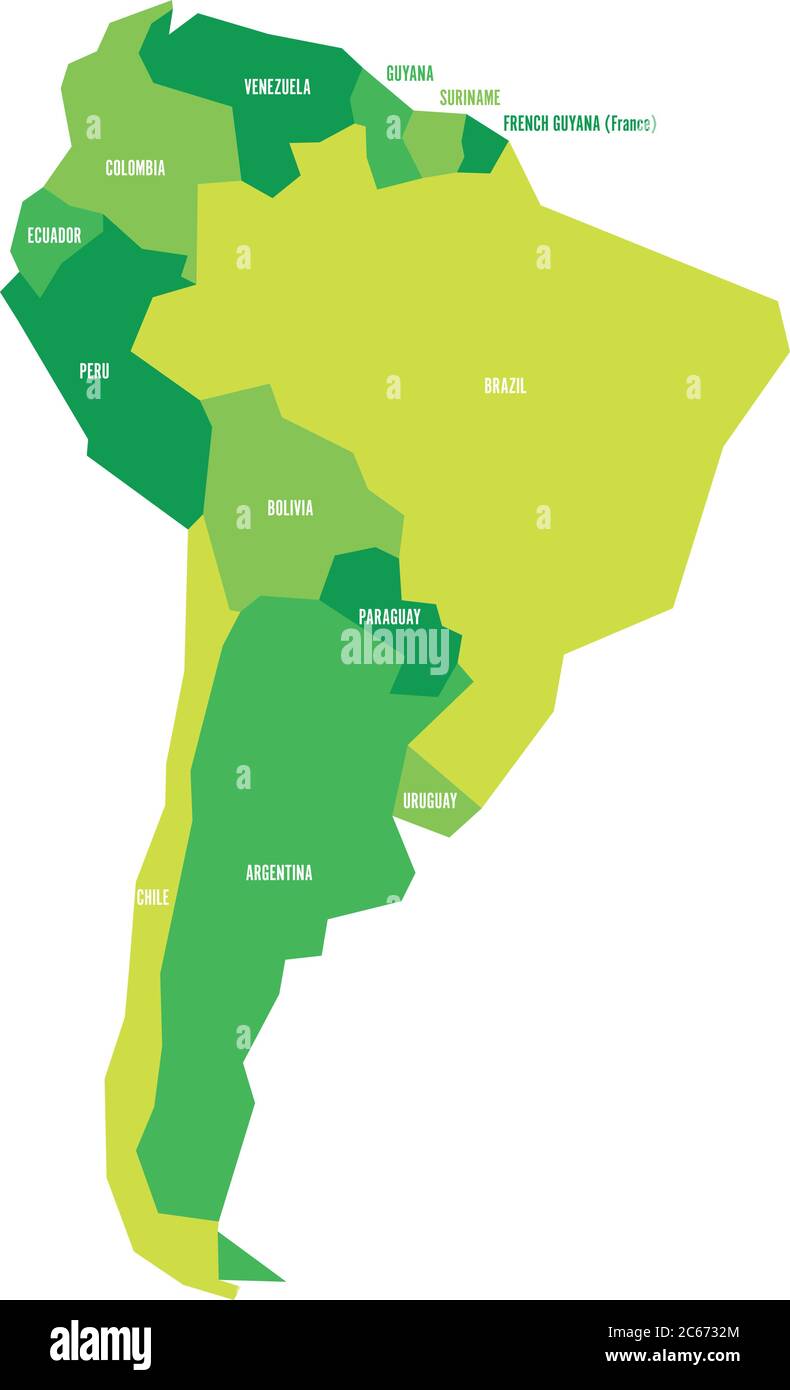 Carte politique infographique très simplifiée de l'Amérique du Sud en couleurs vertes. Illustration de vecteur géométrique simple. Illustration de Vecteur