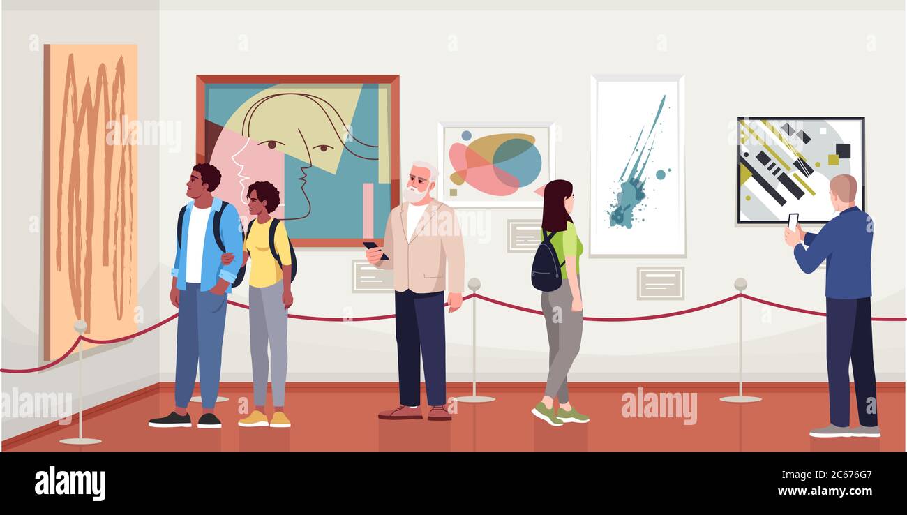 Personnes dans la galerie d'art contemporain illustration semi-plate vecteur. Couple regardant une exposition, collection.prendre des photos de peintures. Musée d'art v Illustration de Vecteur