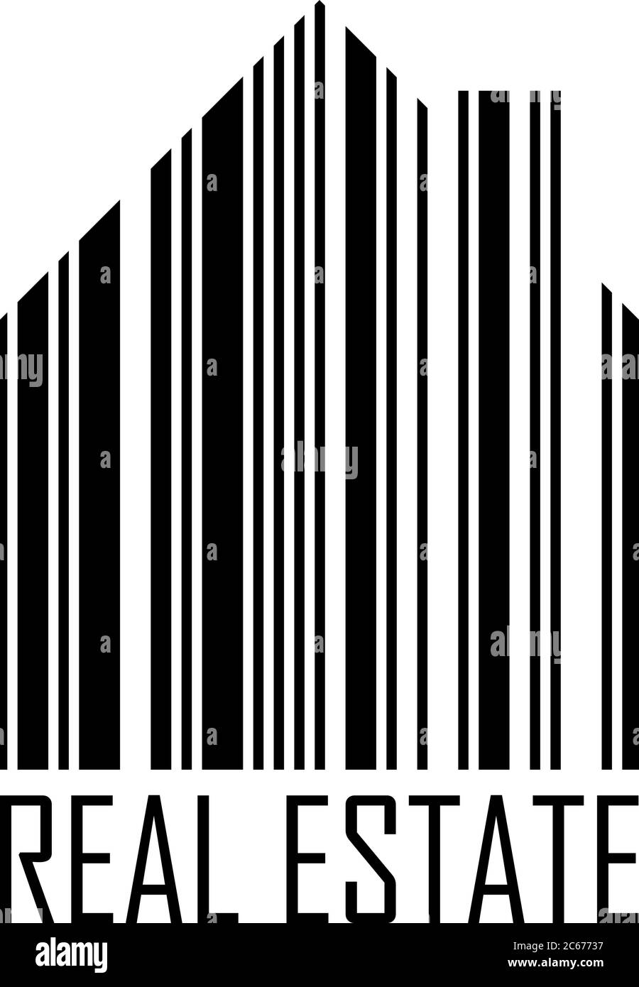 Symbole de maison avec code à barres et étiquette immobilière. Marché hypothécaire et thème de service. Illustration vectorielle noir et blanc. Illustration de Vecteur