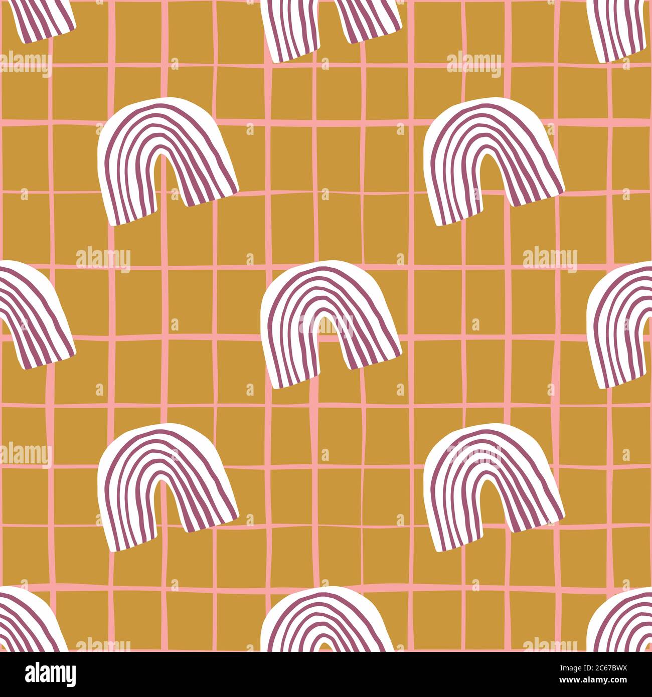 Motif scandinave dans des tons pastel. Arcs-en-ciel blanc et violet sur fond à carreaux roses ocre. Design pour enfants, papier peint, papier d'emballage, textile. Illustration vectorielle. Illustration de Vecteur