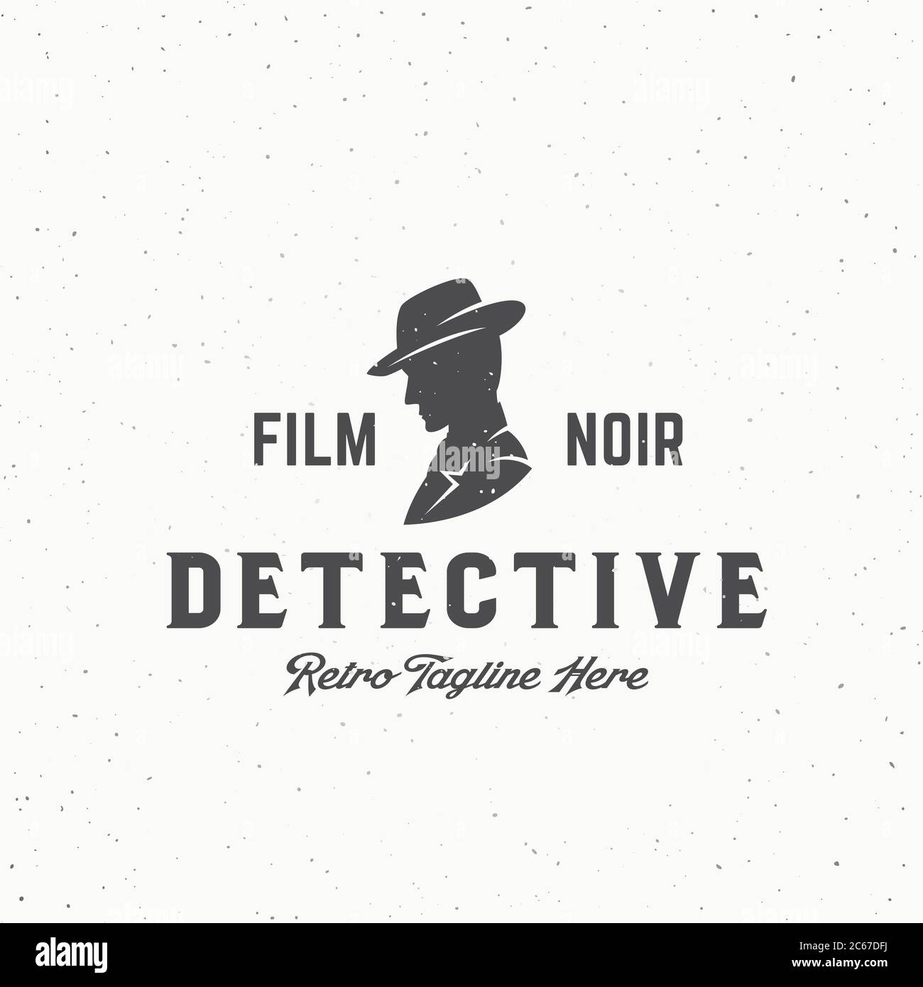 Film Noir détective Abstract Vintage Vector Emblem, Label ou logo Template. Homme dans une silhouette de chapeau avec Typographie rétro et texture de merde. Illustration de Vecteur