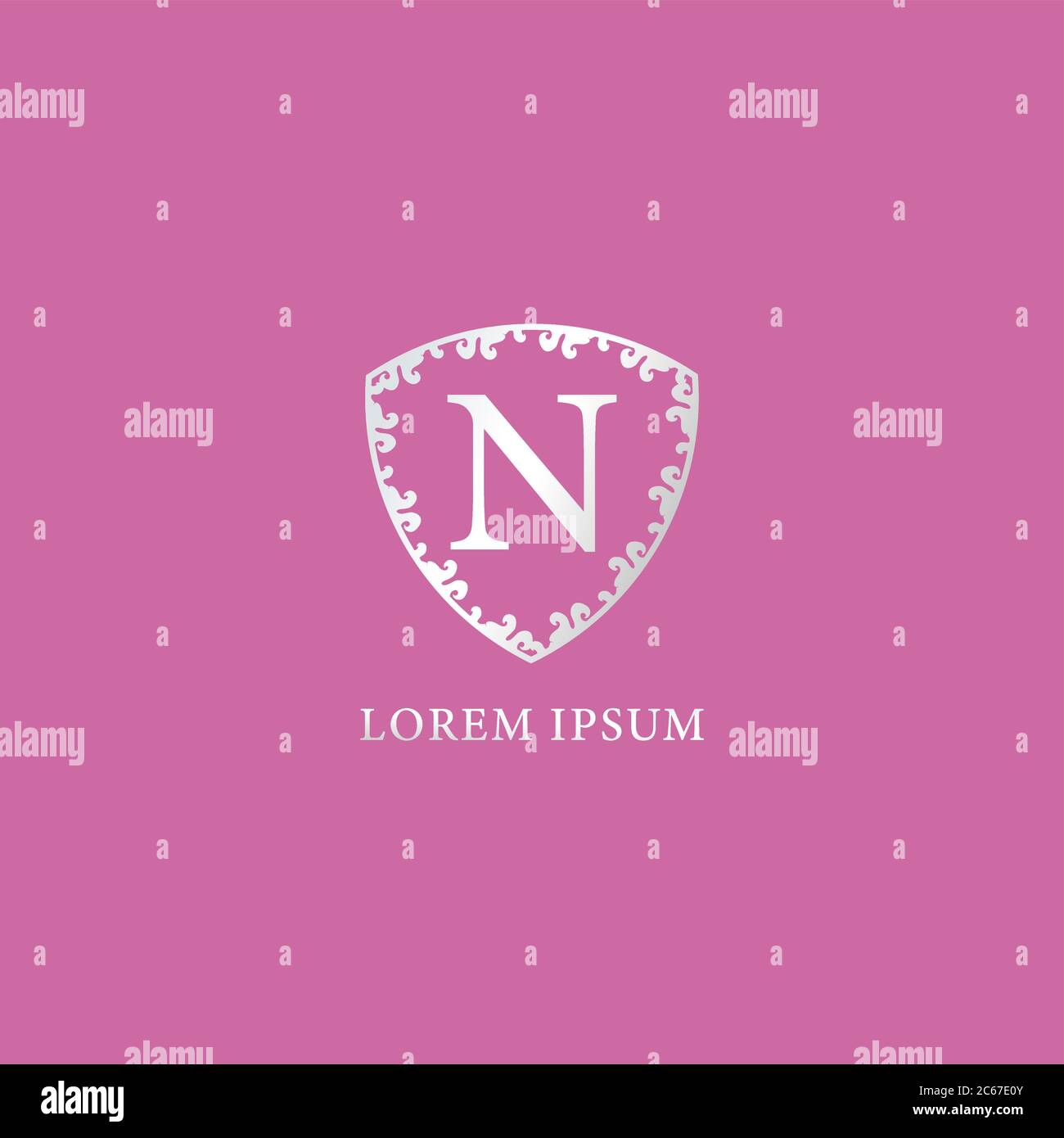 N modèle de conception du logo initial de la lettre. Illustration argentée de luxe avec écran floral décoratif. Isolé sur fond rose. Assurance, Beauté Illustration de Vecteur