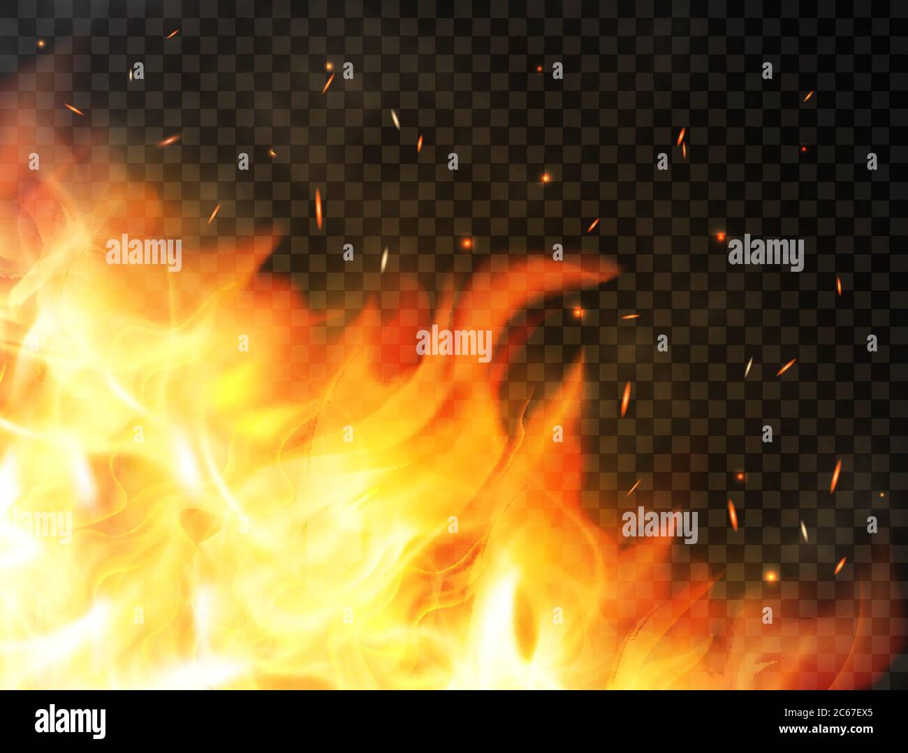 Le bruit de fond du feu est accompagné de flammes, d'étincelles de feu rouges, de particules incandescentes et de fumée. Flammes réalistes sur fond transparent. Flammes brûlantes. Feu de camp Illustration de Vecteur