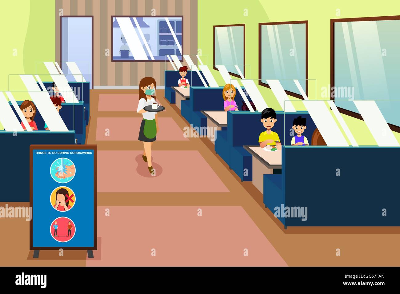 Illustration vectorielle de la façon dont les gens se défont dans un restaurant pendant une pandémie Illustration de Vecteur