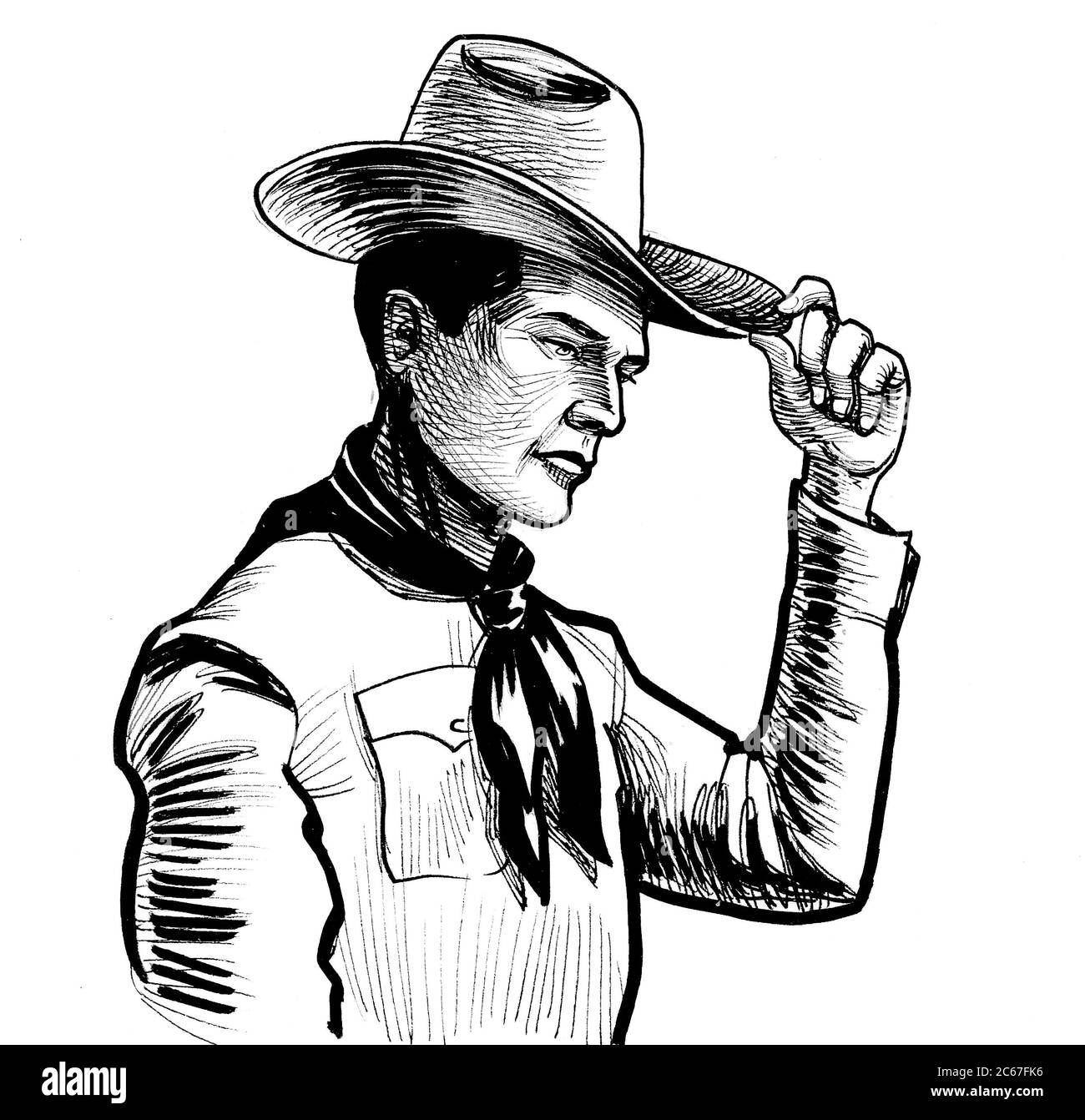 Cow-boy américain en chapeau. Dessin noir et blanc Photo Stock - Alamy