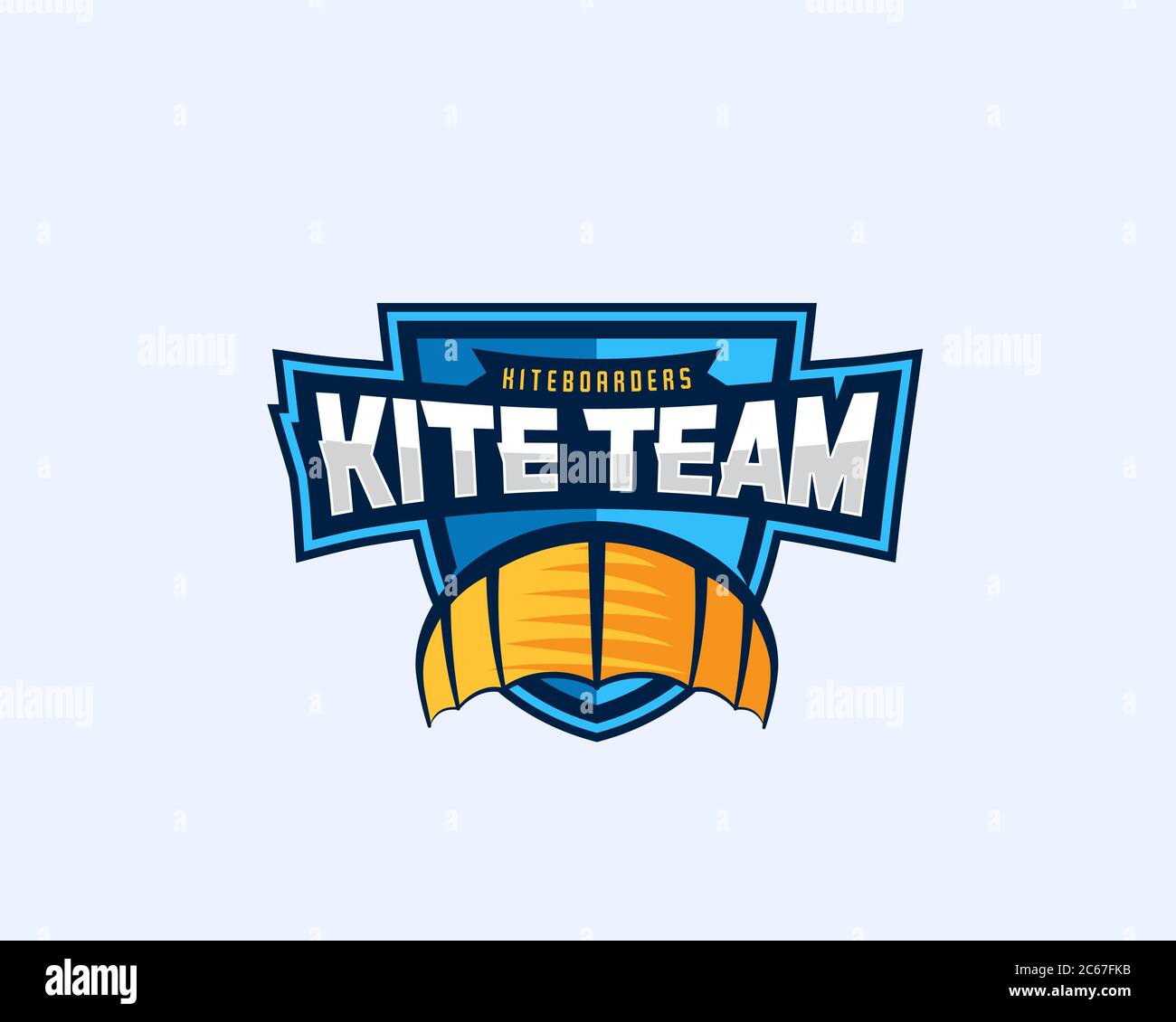 Kiteboarding Team Sport Emblem. Symbole cerf-volant sur un bouclier avec Typographie. Modèle de logo Vector. Illustration de Vecteur