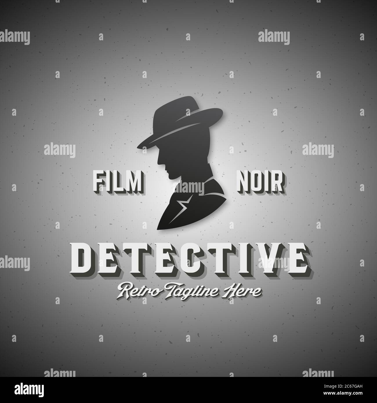 Film Noir détective Abstract Vector Emblem, Label ou logo Template. Homme dans une silhouette de chapeau avec Typographie rétro. Illustration de Vecteur