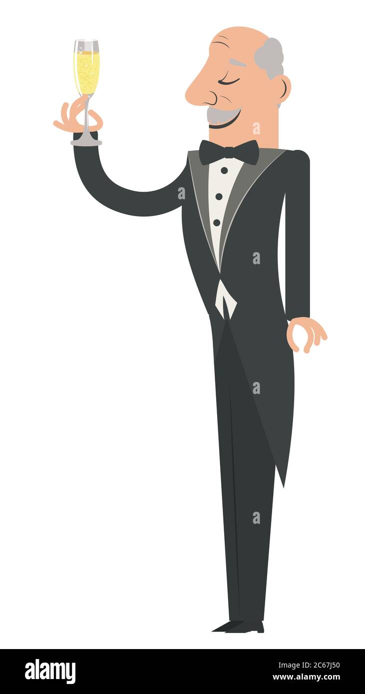 Homme de dessin animé en tuxedo avec une coupe de champagne. Illustration de Vecteur
