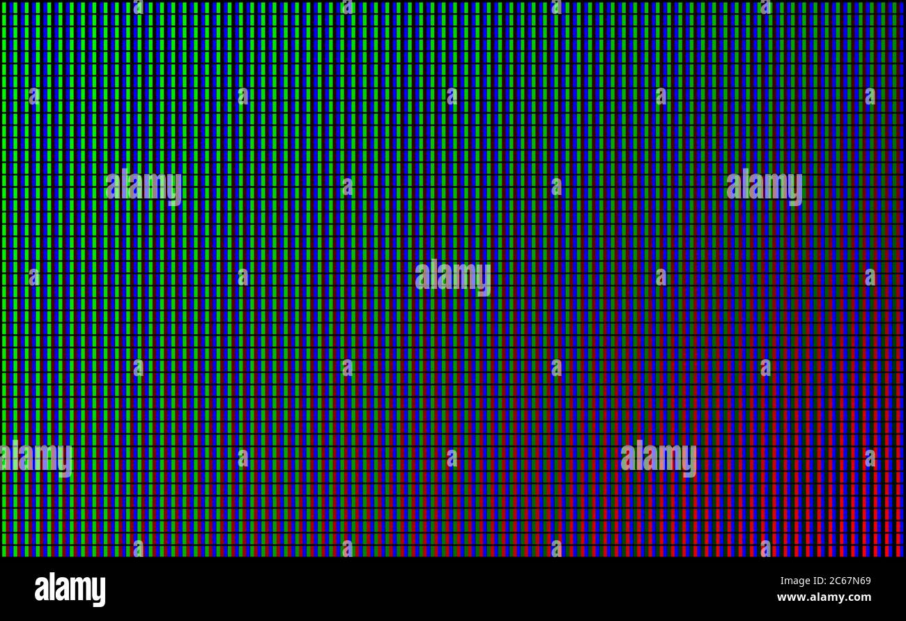 Écran vidéo mural LED avec voyants verts, bleus et rouges sur fond noir. Arrière-plan vectoriel avec motif de grille de pixels pour affichage LED. Panneau numérique avec grille de diodes Illustration de Vecteur