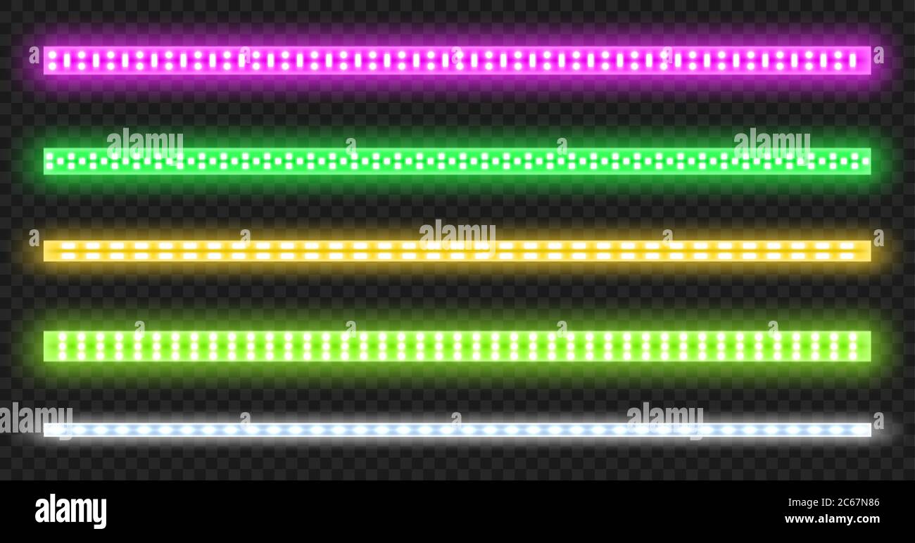 Barrettes de LED avec effet de lueur néon isolées sur fond transparent. Ensemble vectoriel réaliste de bandes lumineuses colorées, ruban lumineux avec lampes roses, vertes, jaunes et blanches et bulbes de diodes Illustration de Vecteur