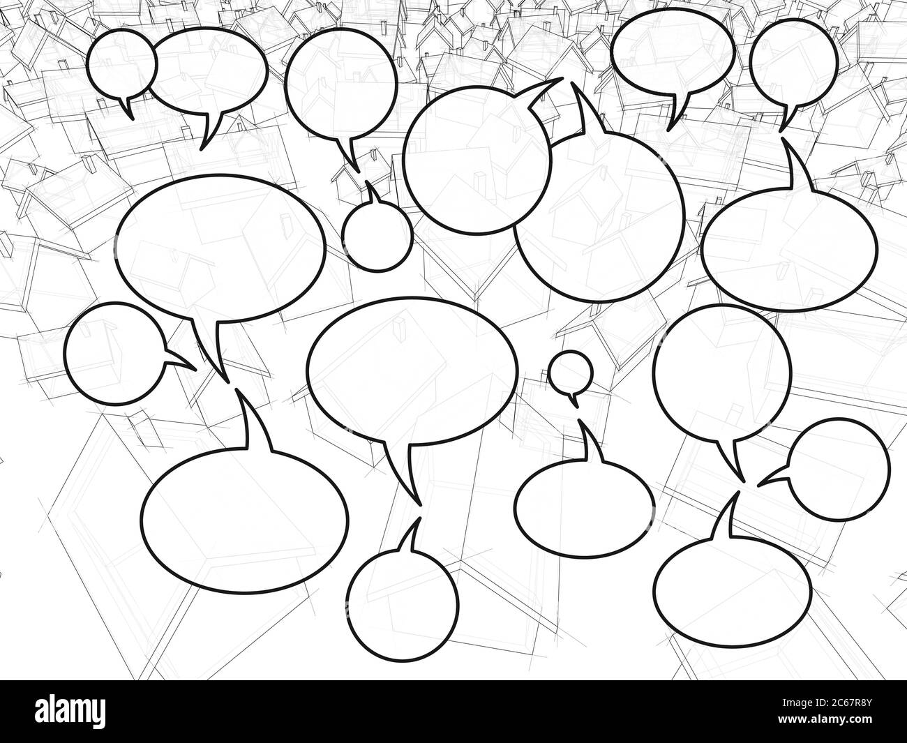 illustration 3d de nombreuses maisons individuelles simples, de différentes tailles, avec des bulles de parole Illustration de Vecteur