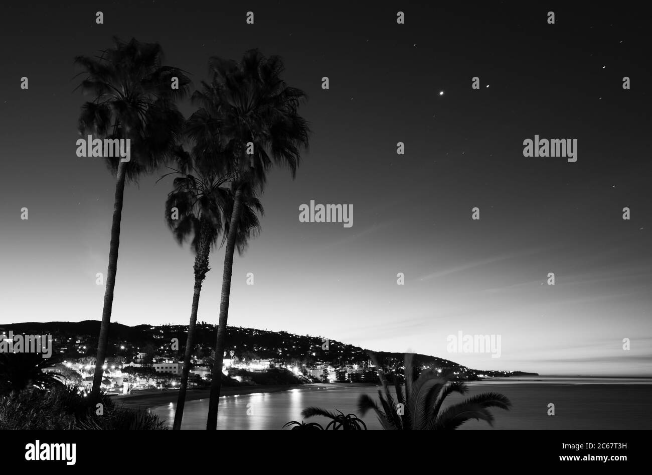 Silhouettes de palmiers contre le ciel nocturne et la côte de Santa Barbara, Californie, États-Unis Banque D'Images