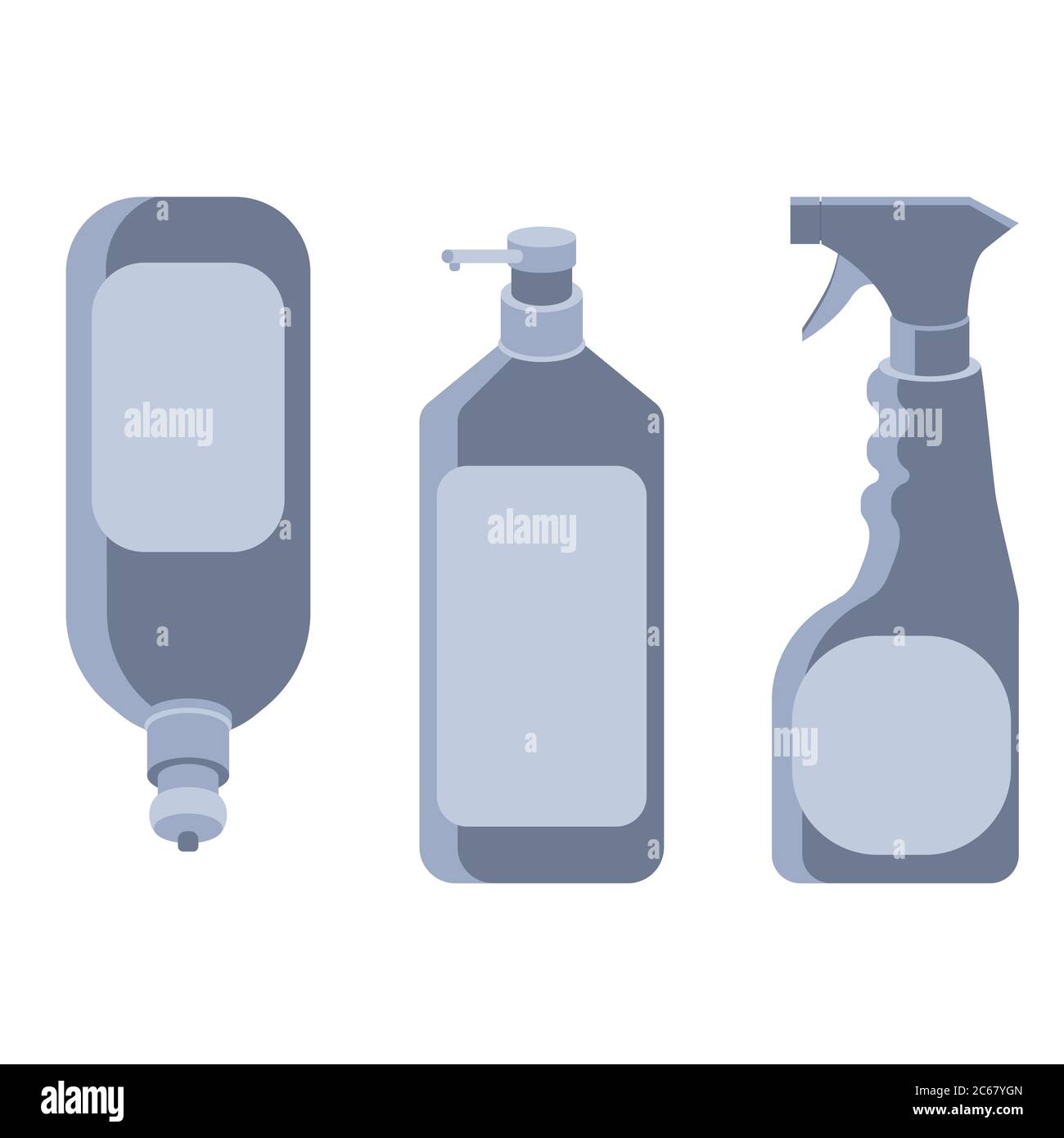 Maquette de l'ensemble d'autocollants sur fond blanc isolé. Flacons antiseptiques pour bannière sociale, promotion de l'hygiène, affiche médicale. Logo du magasin d'articles ménagers ou Illustration de Vecteur