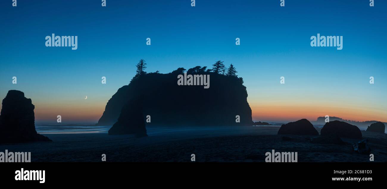 Silhouette de roche côtière à la tombée de la nuit, Washington, États-Unis Banque D'Images