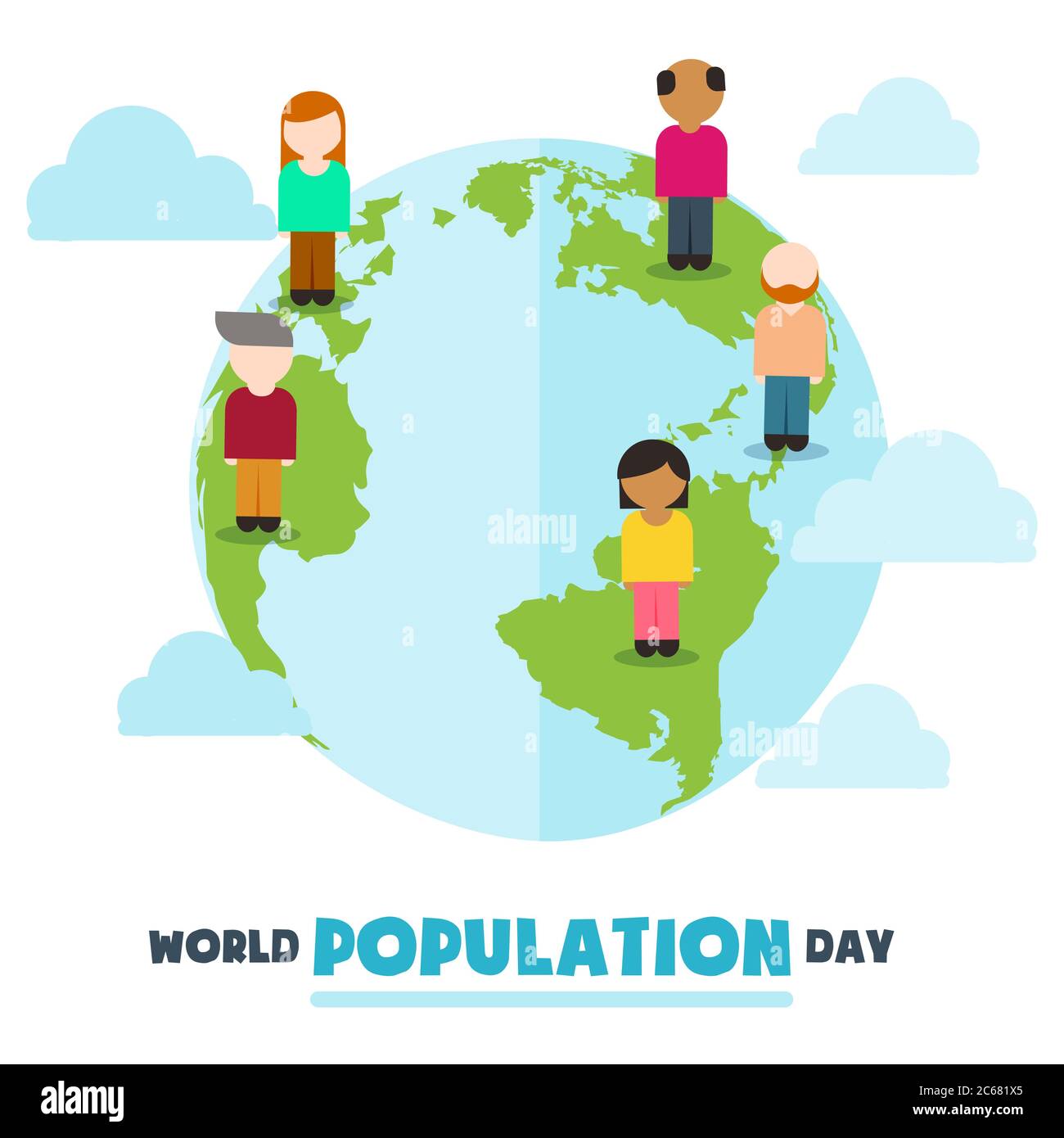 Journée mondiale de la population, personnages de dessins animés, amitié sur Terre globe, affiche, modèle pour le web, illustration vectorielle Illustration de Vecteur