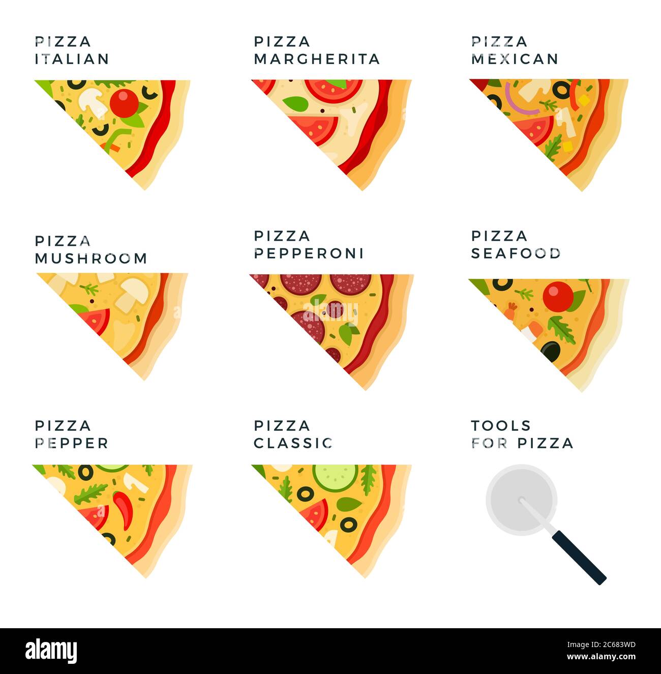 Ensemble de pizzas avec différents ingrédients. Outils pour pizza. Illustrations vectorielles plates. Illustration de Vecteur