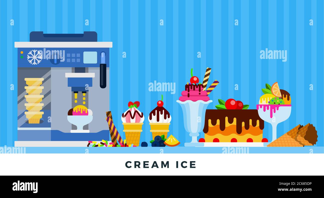 Glace à la crème. Illustrations vectorielles plates. Machine pour cône de cachets de glace. Illustration de Vecteur