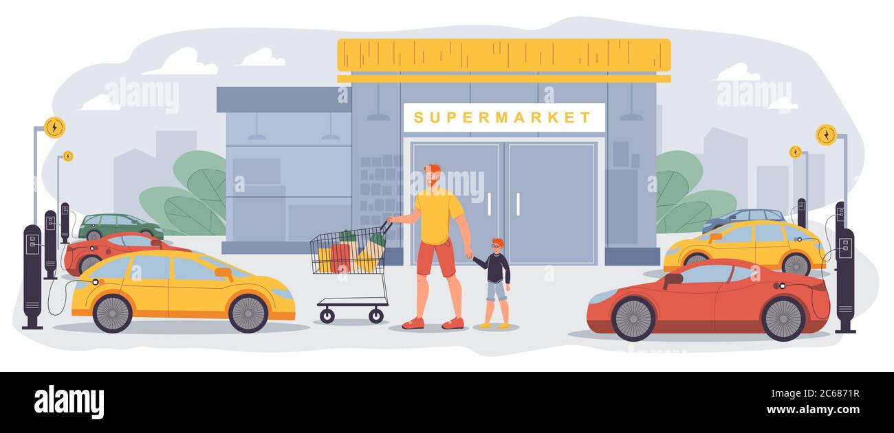 Zone de recharge électrique sur le supermarché Illustration de Vecteur