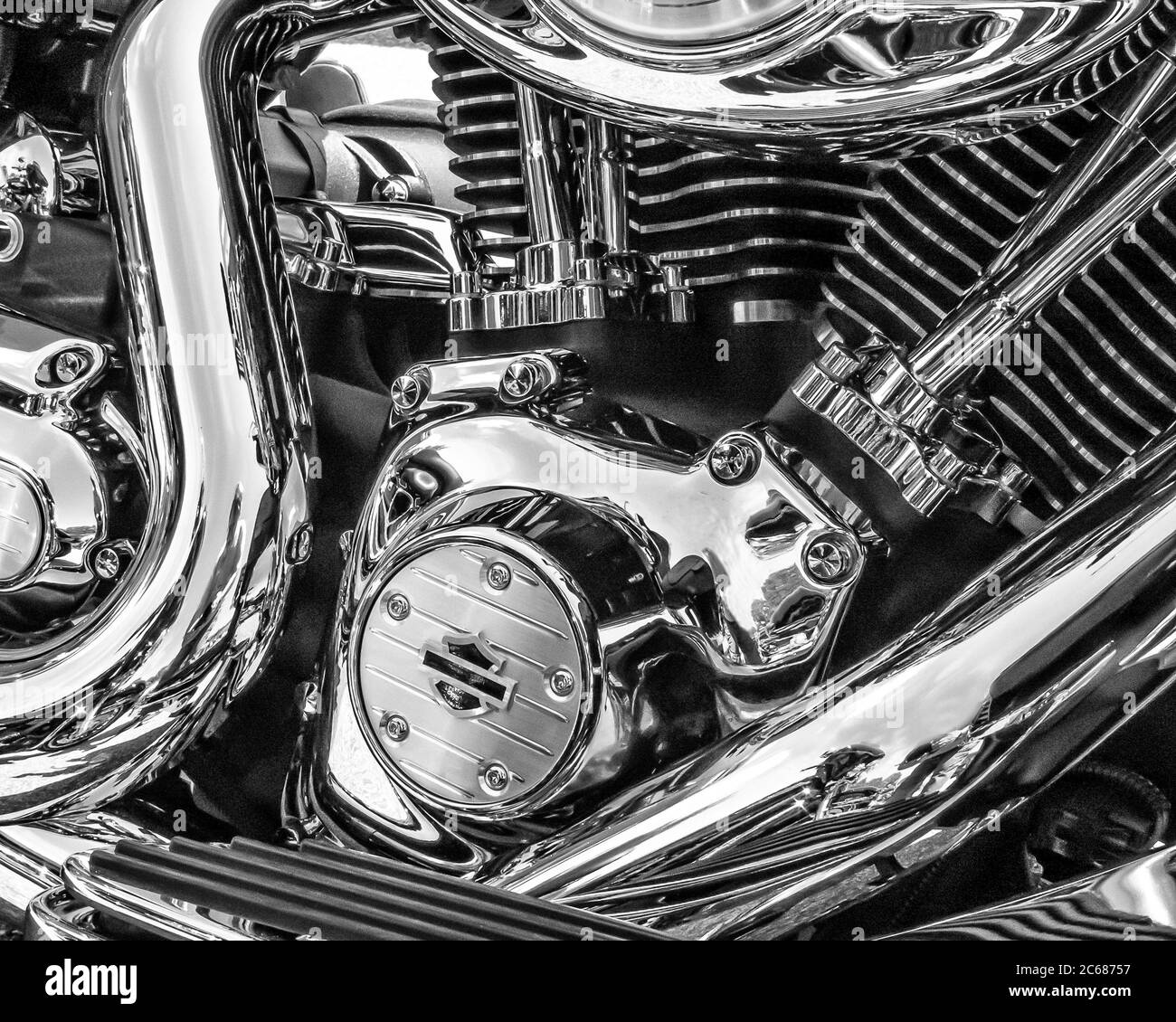 Image en noir et blanc des détails du moteur Harley Davidson Banque D'Images
