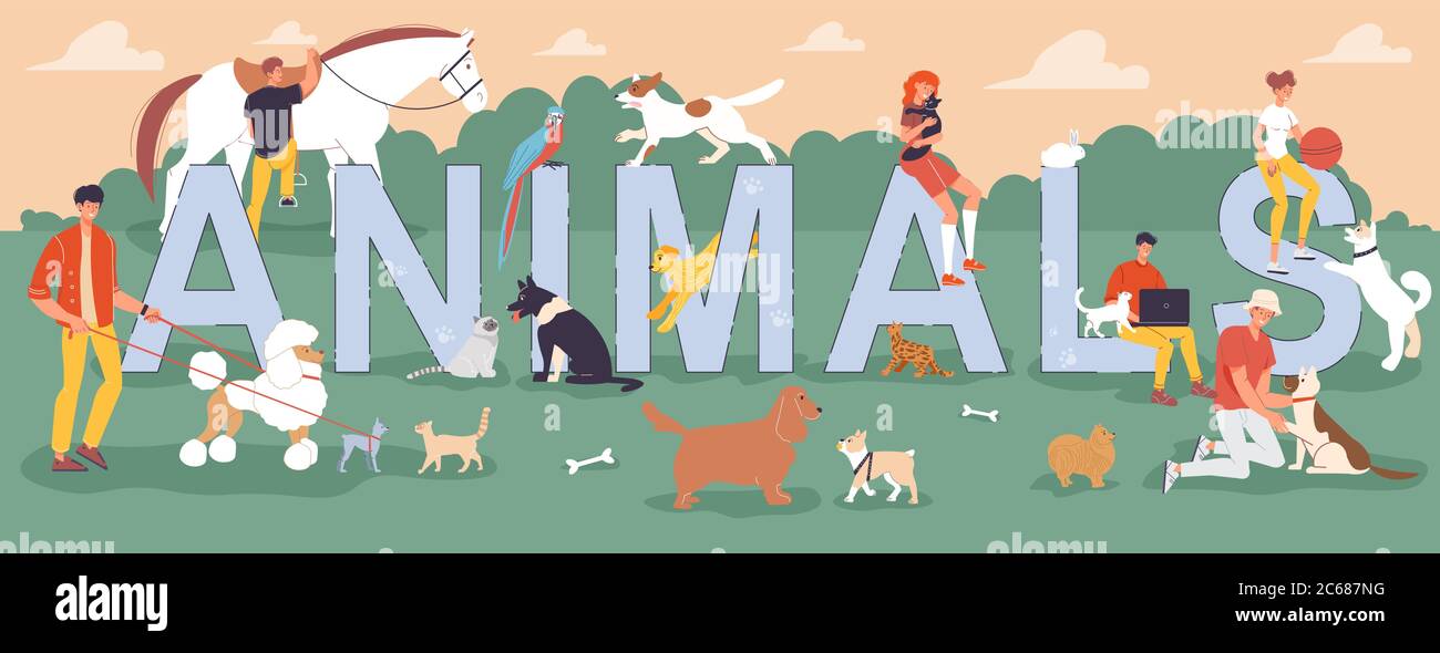 Les gens qui marchent sur un animal de compagnie de grande lettre Illustration de Vecteur