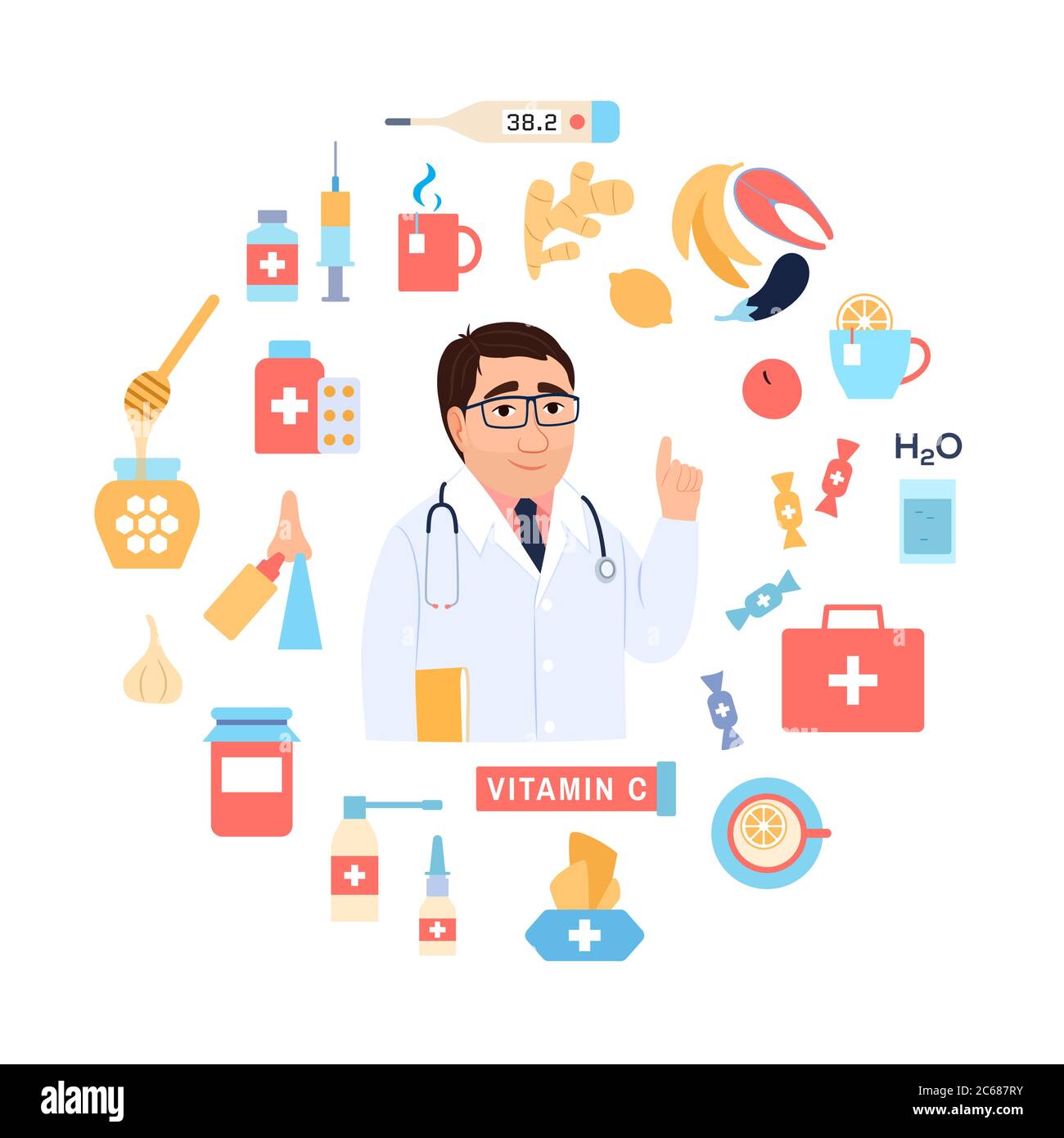 Conseils de prévention et de traitement de la grippe sur fond blanc. Entourez le concept médical avec un médecin de sexe masculin caucasien. Virus de la grippe, traitement du rhume, icône de protection de la santé Illustration de Vecteur