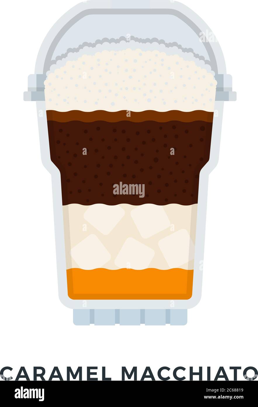 Café Macchiato caramel glacé dans un verre transparent vectoriel plat isolé Illustration de Vecteur