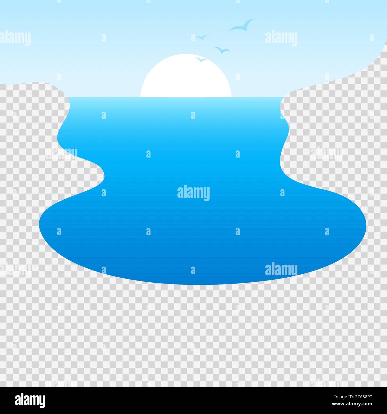 Bleu étang, lever du soleil et troupeau d'oiseaux sur fond transparent illustration vectorielle dans un design plat Illustration de Vecteur