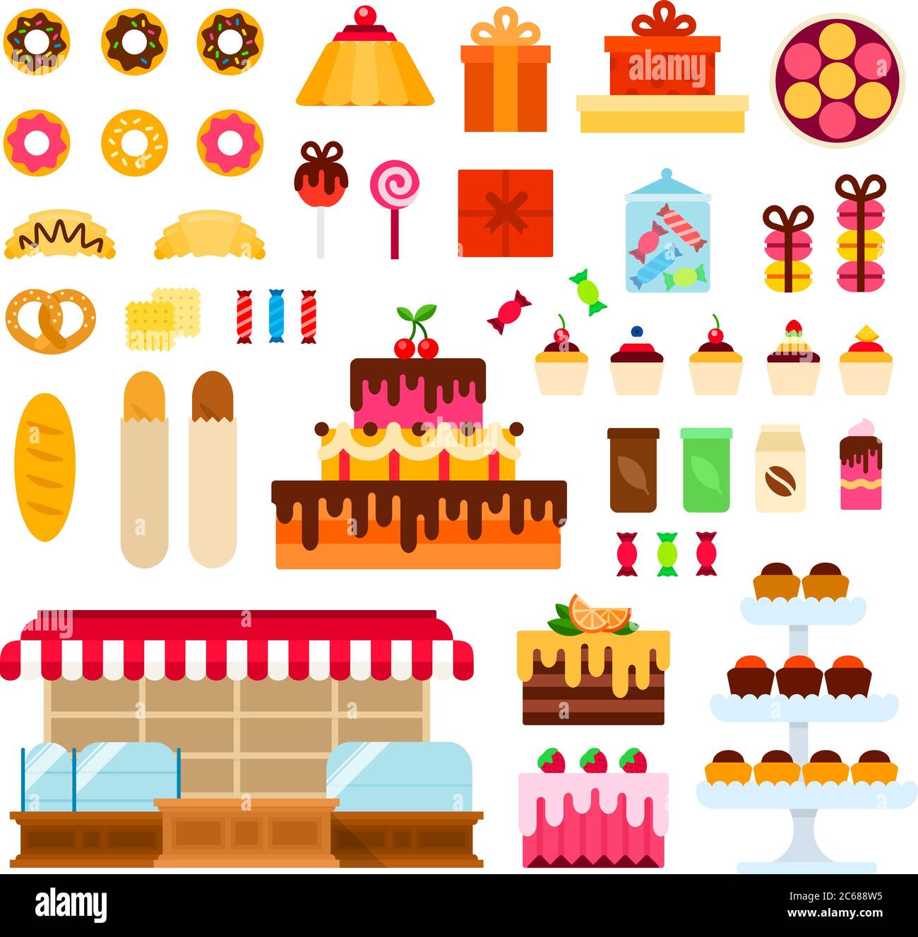 Illustration à plat vectorielle pour confiserie. Ensemble avec beignets, gâteau, macaron, petits gâteaux, pain, bonbons pour la boutique de site Web. Isolé sur blanc Illustration de Vecteur