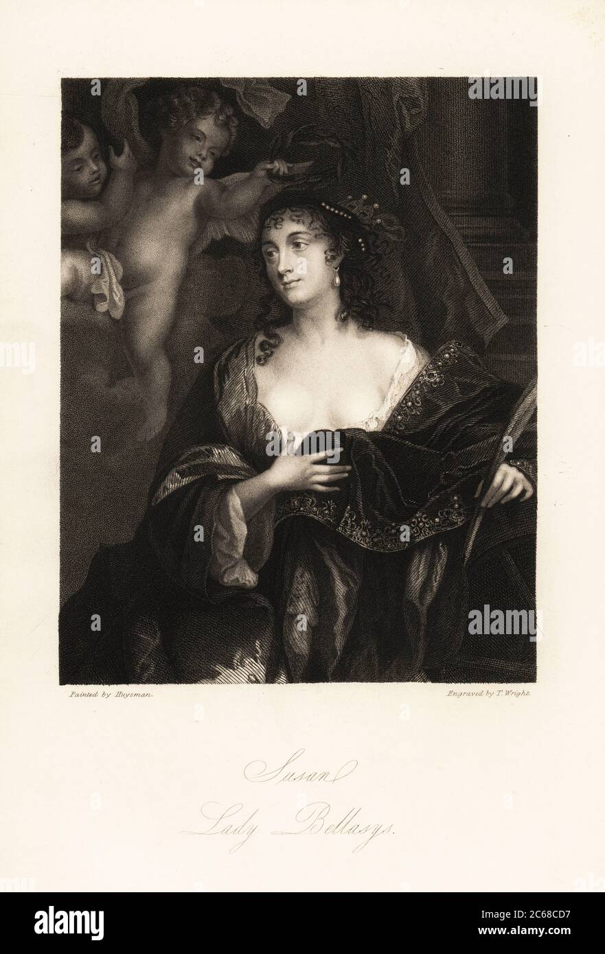 Susan Armine, Lady Bellasys, veuve de Sir Henry Bellasys, maîtresse du duc de York, une des beautés de Windsor, d. 1713. Elle est représentée comme Sainte-Catherine avec sa main gauche avec une feuille de palmier du martyr sur une roue, tandis que deux chérubins la courbaient avec la myrte. Alias Elinor, Lady Byron. Gravure en acier par Thomas Wright après un portrait de Joacob Huysman, tiré des mémoires de Mme Anna Jameson sur les beautés de la Cour du Roi Charles le second, Henry Coburn, Londres, 1838 Banque D'Images