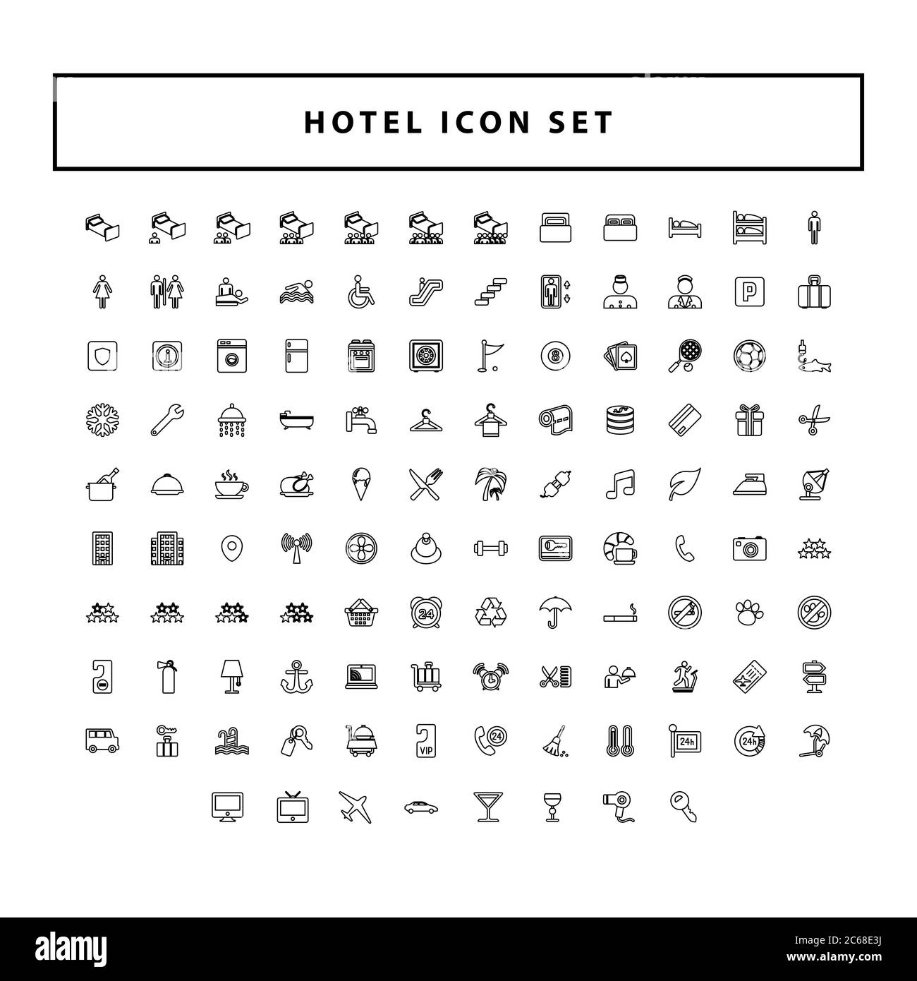 Ensemble d'icônes noires de voyage et d'hôtel avec un design de style de contour Illustration de Vecteur