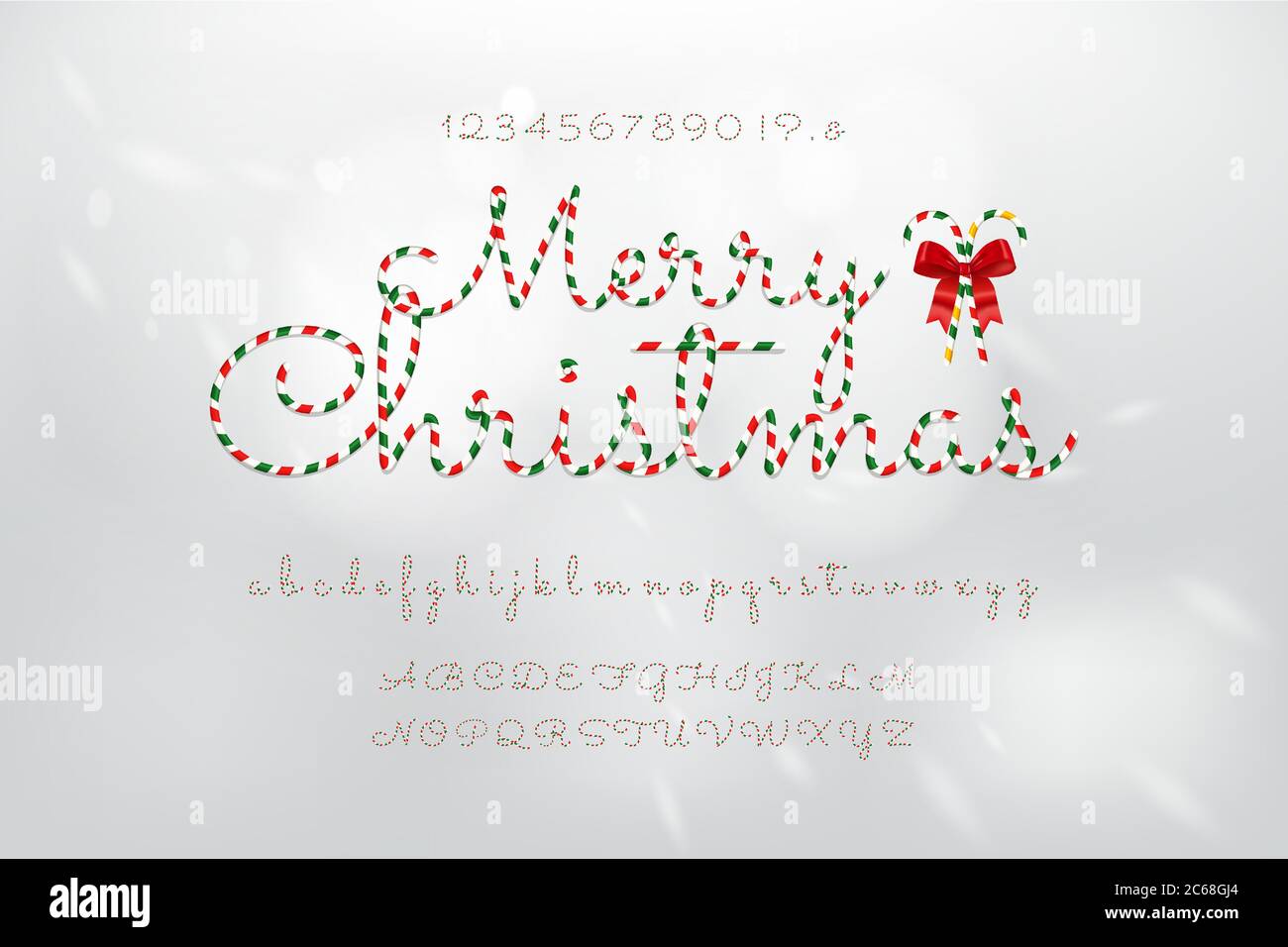Police de l'alphabet avec motif canne à chandelier de Noël, chiffres en majuscules et minuscules sur fond gris blanc Illustration de Vecteur