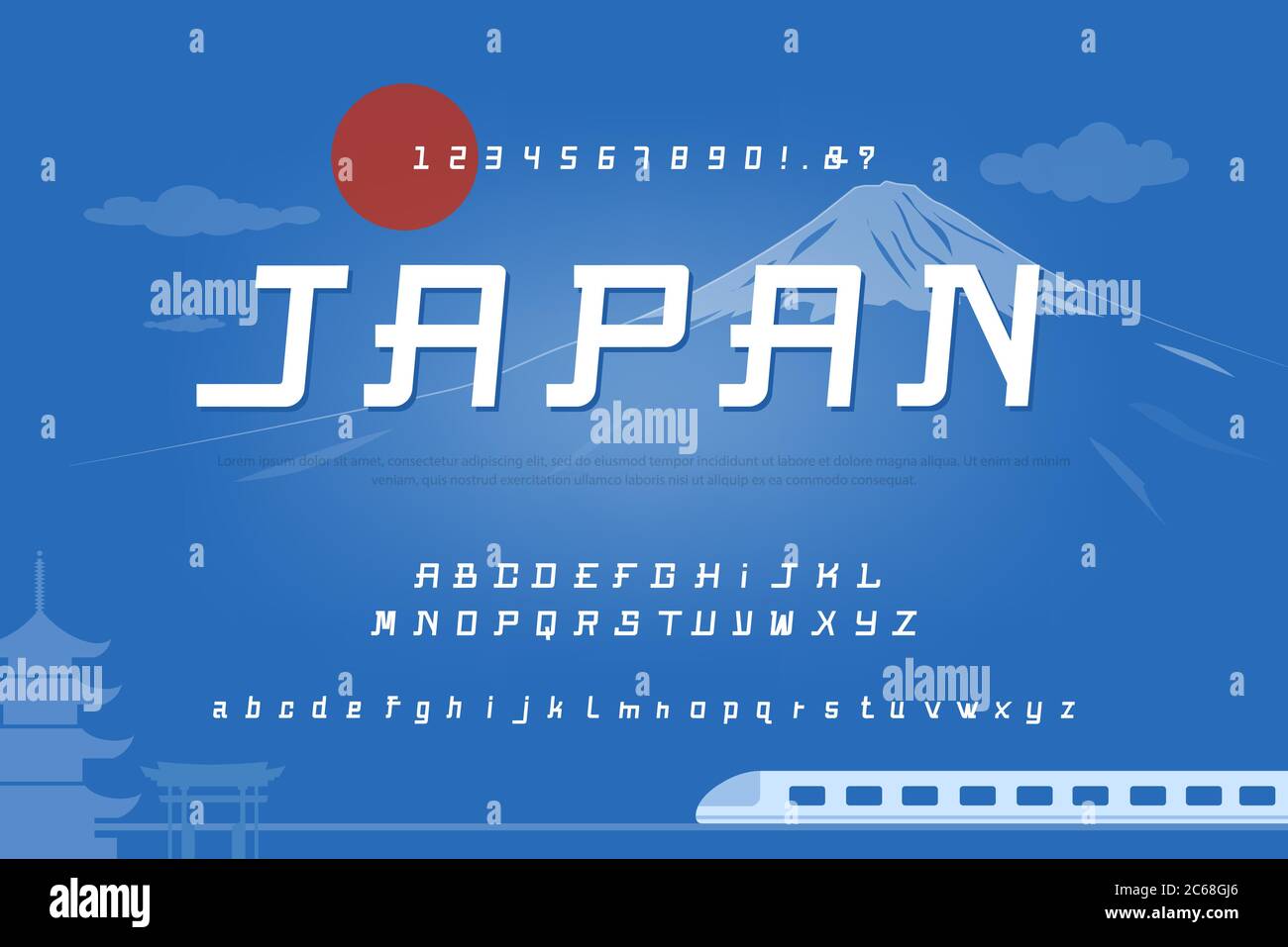 Police alphabétique définie avec des chiffres sur fond de thème japonais unique bleu coloré Illustration de Vecteur