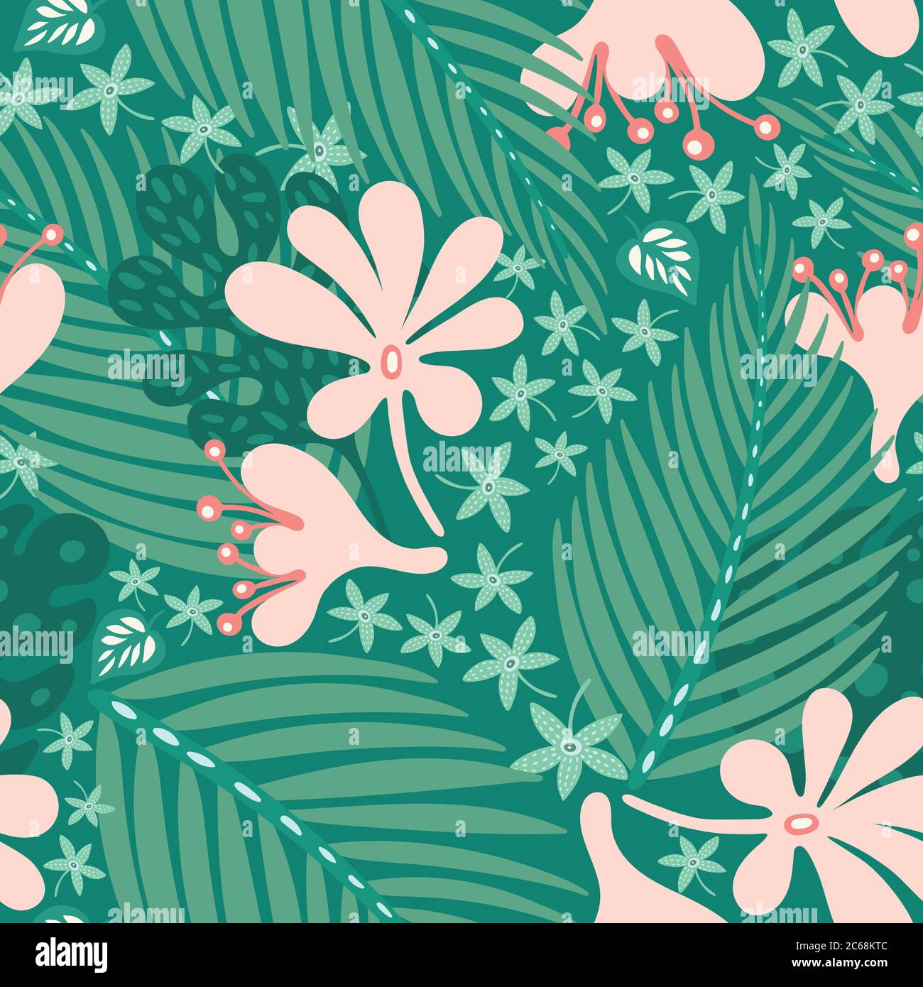 Motif feuilles tropicales. Répétition sans couture vectorielle des palmiers et des fleurs d'été en vert et rose. Illustration de Vecteur