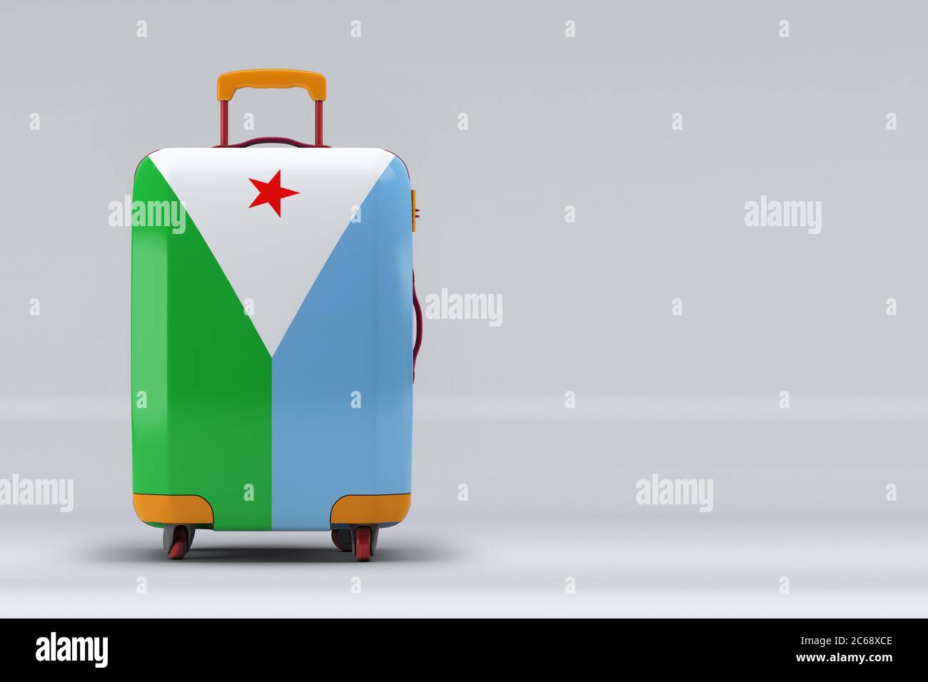 Drapeau national de Djibouti sur une valise élégante sur fond de couleur. Espace pour le texte. Concept de voyage et de tourisme international. Rendu 3D. Banque D'Images