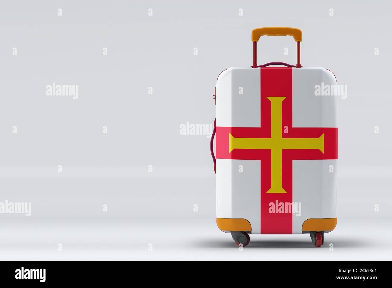 Drapeau Guernesey sur une élégante valise vue arrière sur fond de couleur. Espace pour le texte. Concept de voyage et de tourisme international. Rendu 3D. Banque D'Images