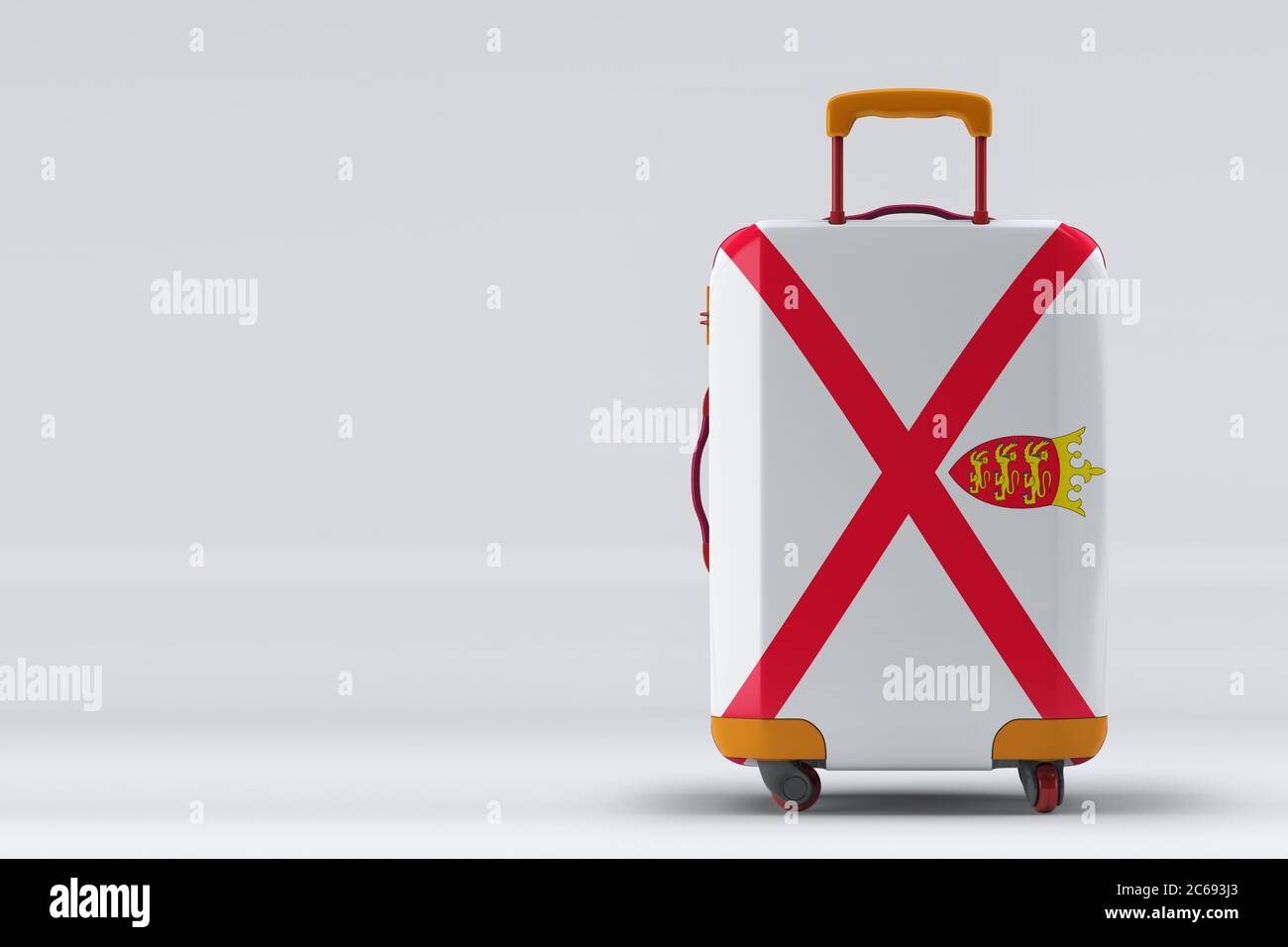 Drapeau en jersey sur une élégante valise vue arrière sur fond de couleur. Espace pour le texte. Concept de voyage et de tourisme international. Rendu 3D. Banque D'Images