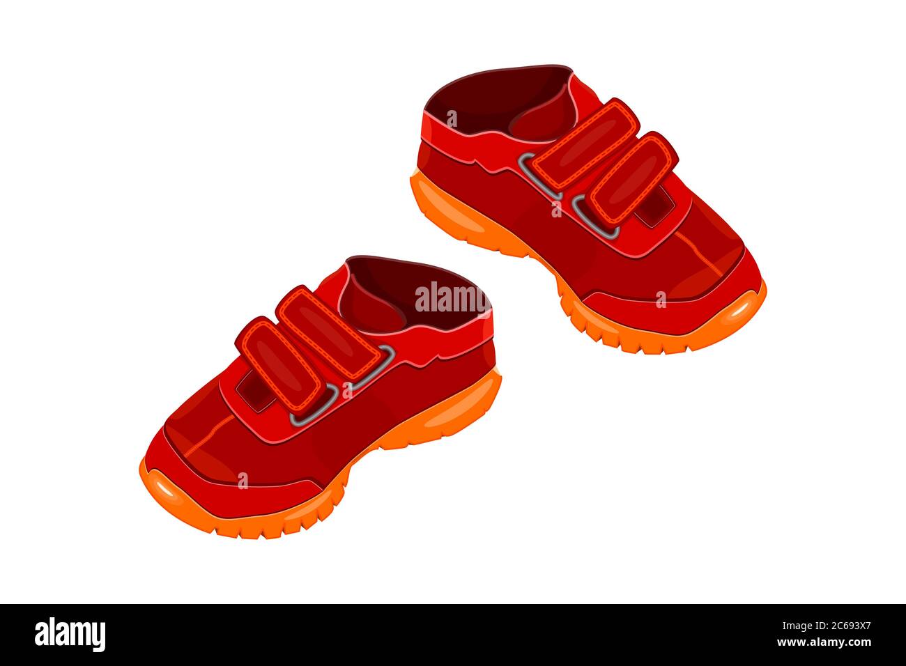 Paire de chaussures rouges isolées sur fond blanc. Deux sneakers adul rouges pour enfant ou jeune avec semelle velcro et orange. Chaussures de sport. Logo ou symbole de l'enfant Illustration de Vecteur