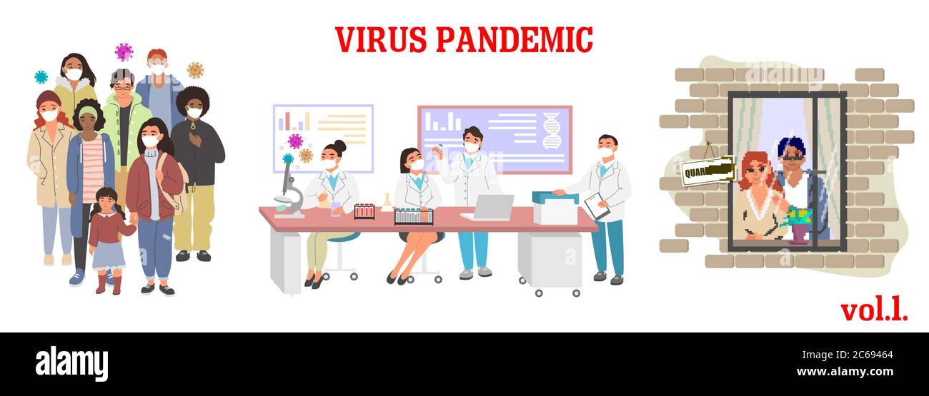 Illustration du vecteur épidémique du virus. Prévention des maladies respiratoires du coronavirus, sensibilisation. Groupe de personnes portent un masque, les chercheurs en microbiologie en laboratoire Illustration de Vecteur