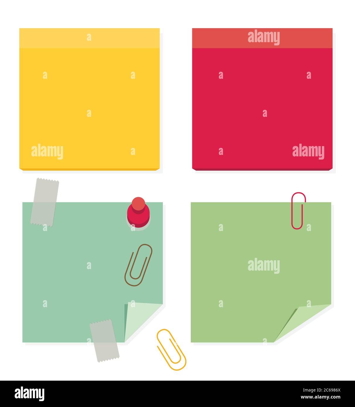 Autocollants en papier couleur pour notes, illustration vectorielle plate, vecteur d'icônes de poste, icônes de note plate avec éléments de clip et d'épingle Illustration de Vecteur