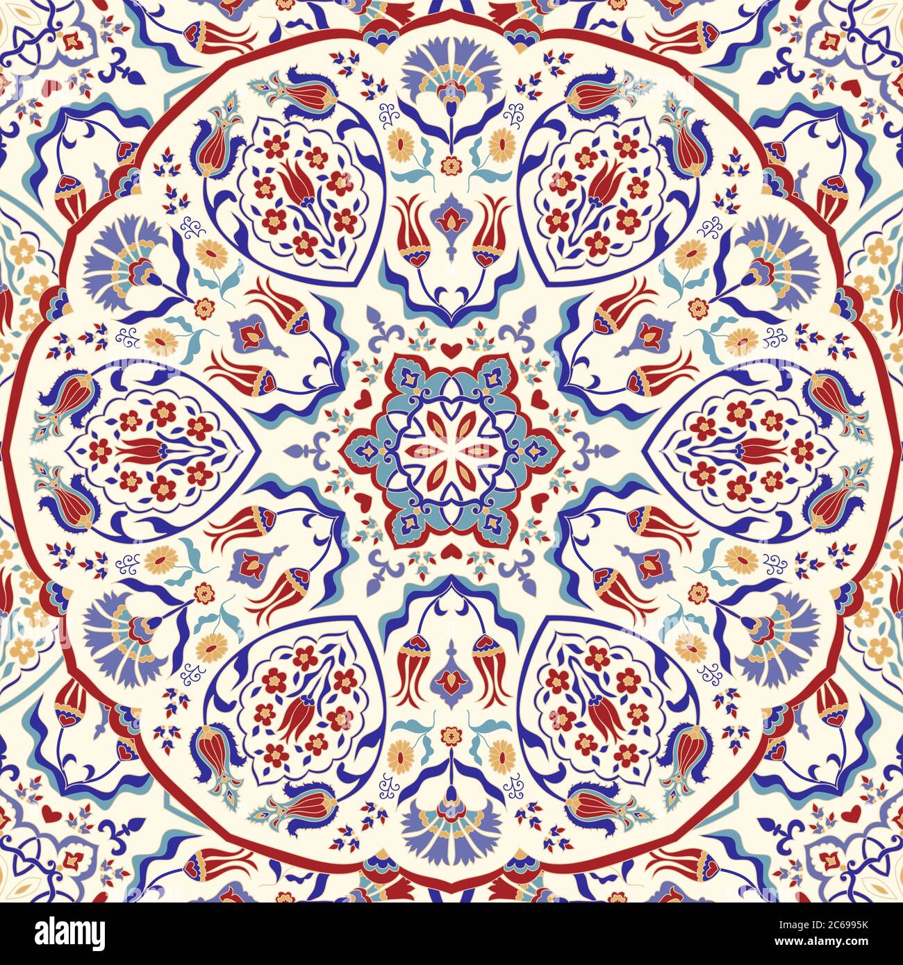 Motif coloré sans couture avec motif turc. Motif abstrait sans couture dessiné à la main provenant de mandala fleuri. Mosaïque de poterie majolica, bleu, jaune azulejo. Illustration de Vecteur